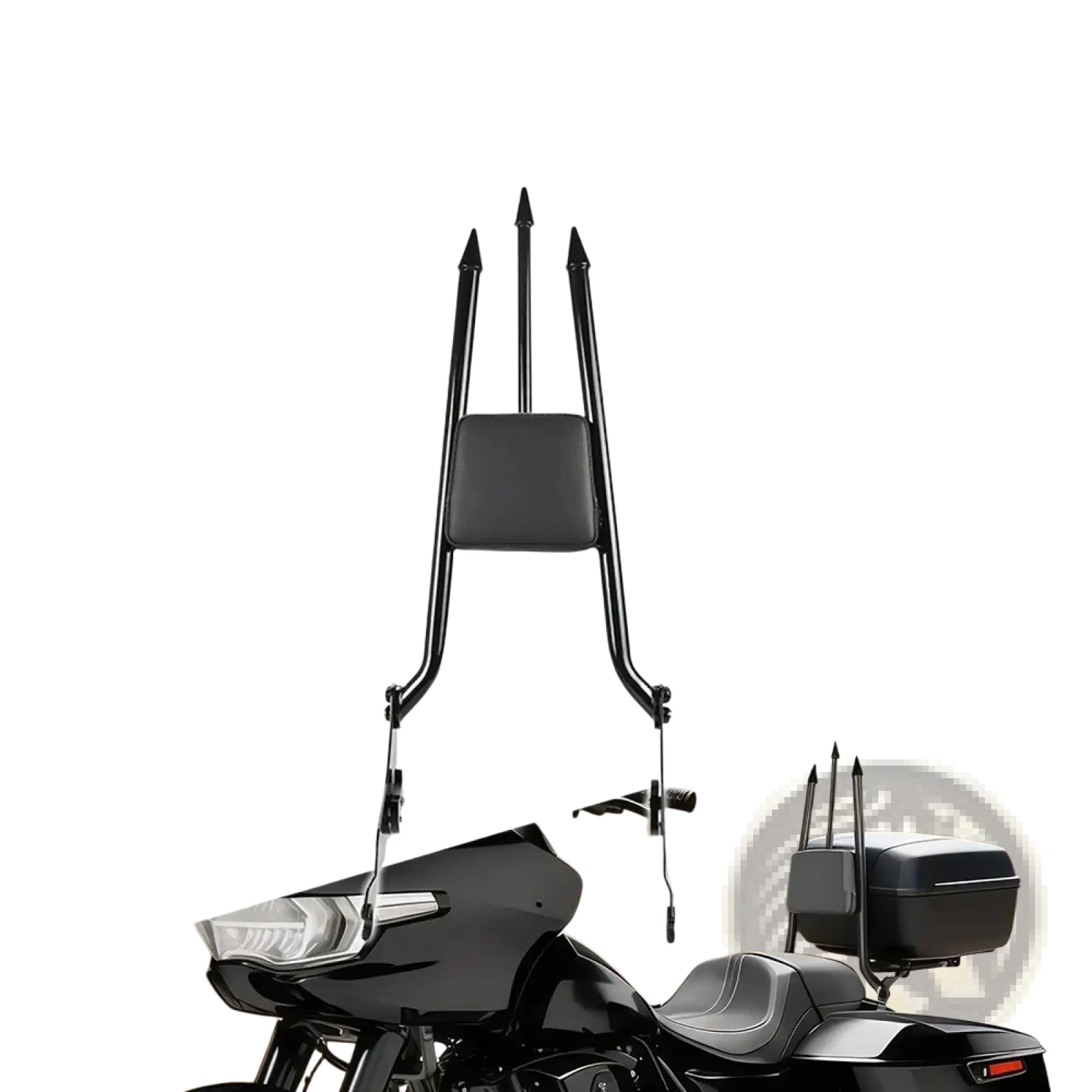 Black metal detachable rear passenger backrest with padded seat for harley touring street glide 2009-2025 back side view