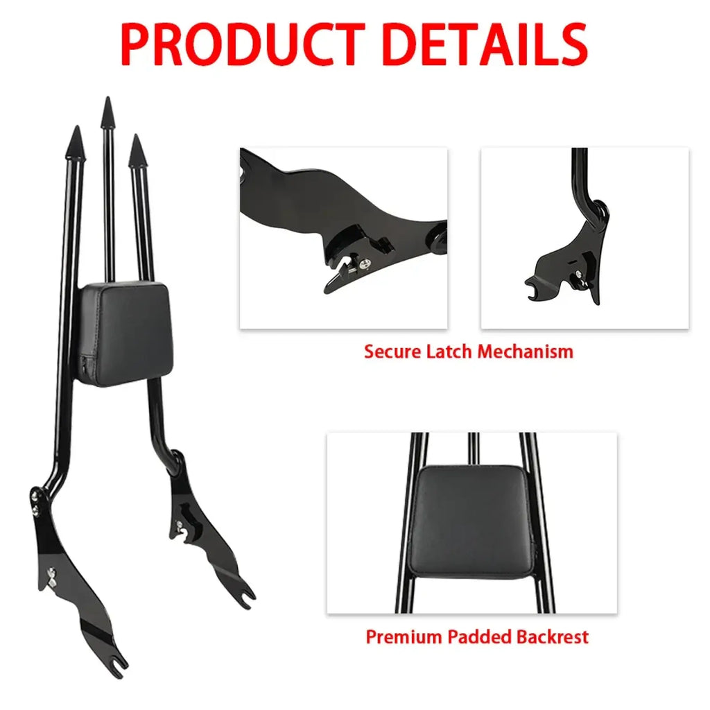 Black metal detachable passenger backrest with padded seat and three upright spires for Harley Touring 2009-2025 back side