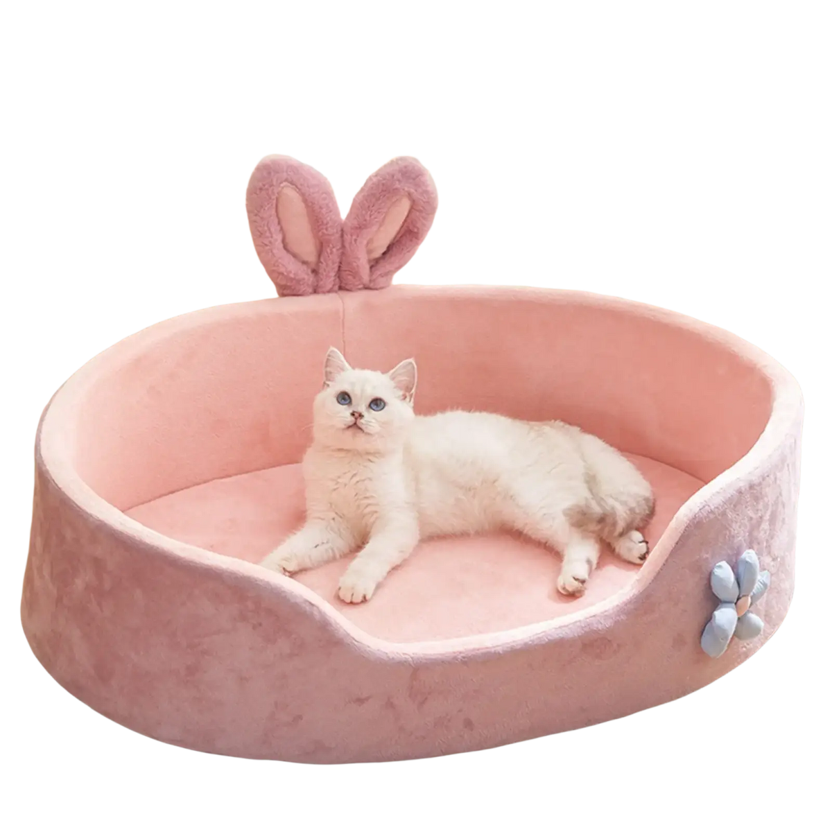 Pink bunny pet bed detachable washable with soft plush material and decorative blue flower accent for pets