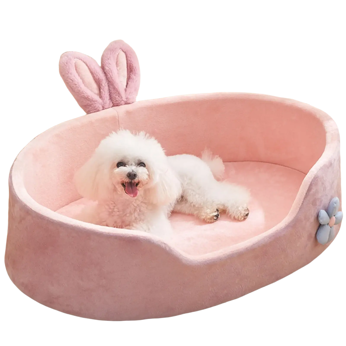 Pink plush bunny-themed pet bed with soft fabric and detachable washable design for easy cleaning