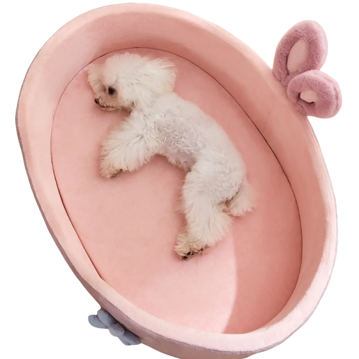 Pink bunny pet bed made of soft plush material with fluffy ears featuring a detachable washable design