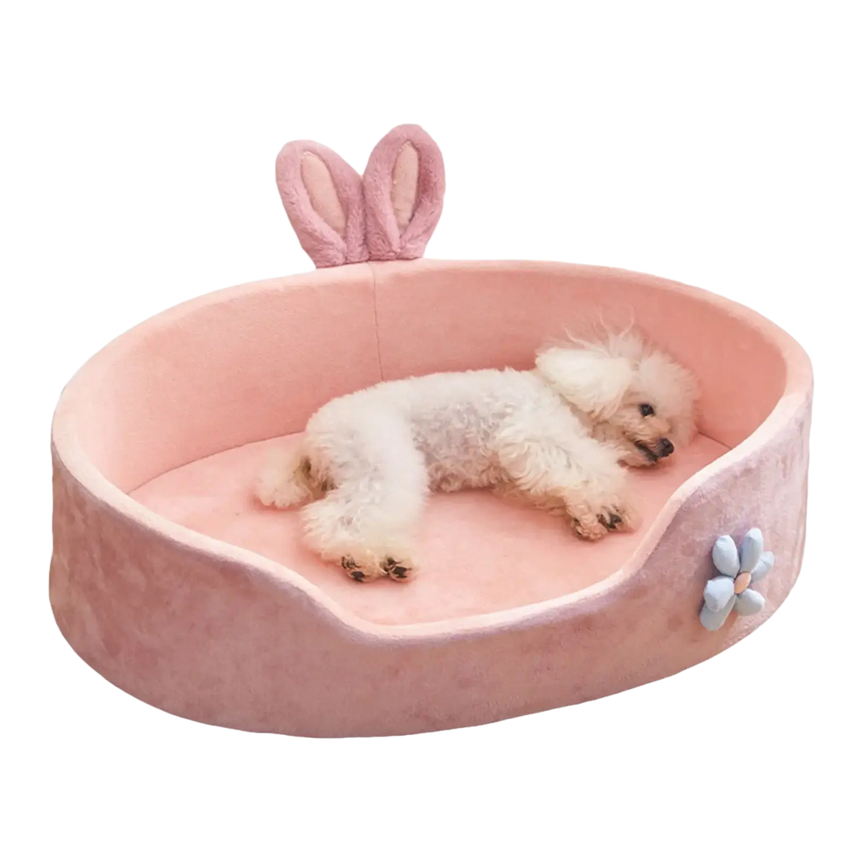 Detachable washable pink bunny pet bed with soft plush material and decorative ears for pets