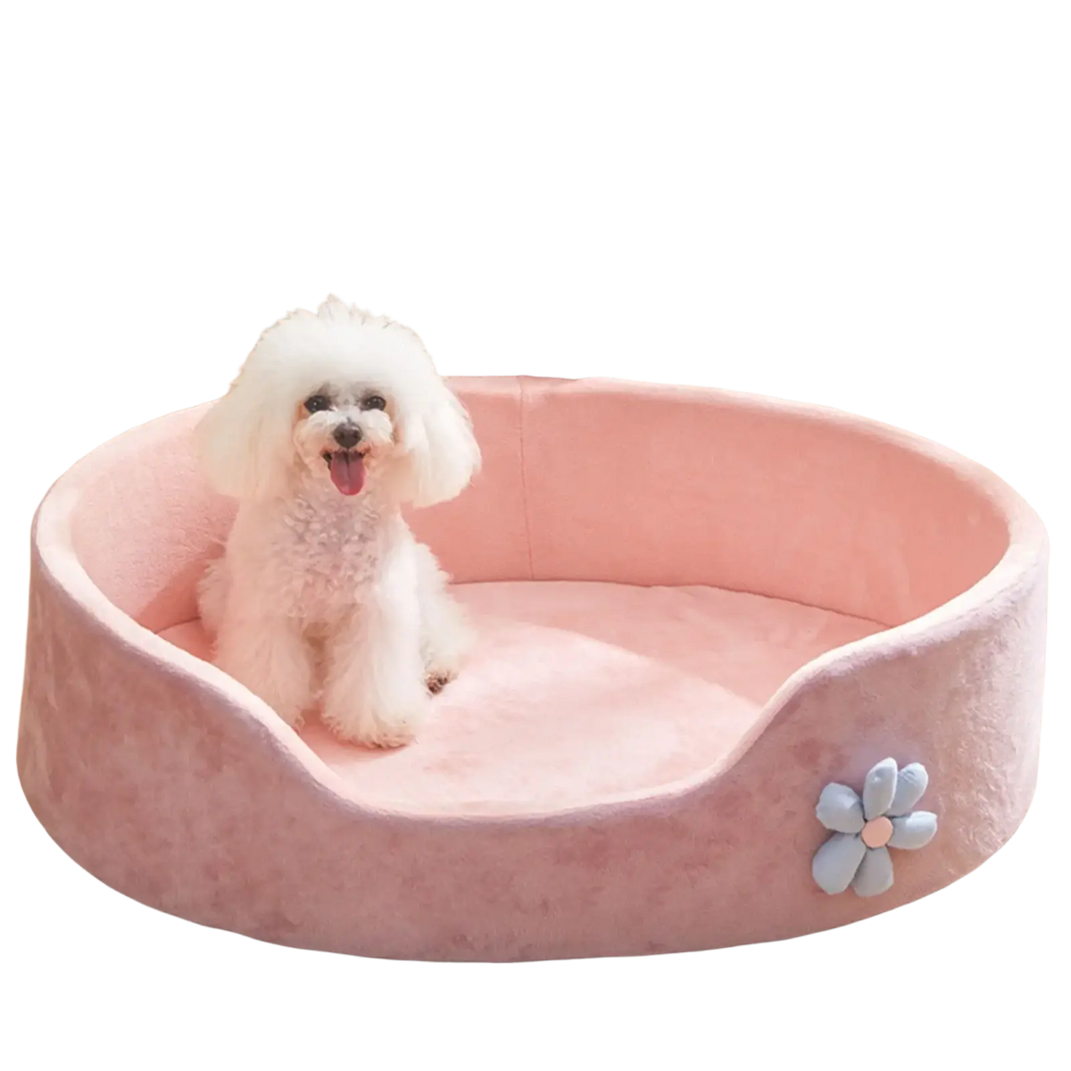 Pink bunny pet bed detachable washable made of soft velour with decorative blue flower appliqué for pets