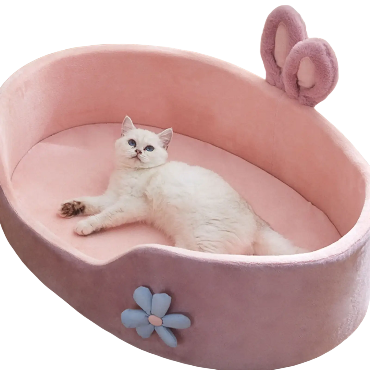 Pink bunny pet bed detachable washable with soft velour material and light blue flower appliqué for cats