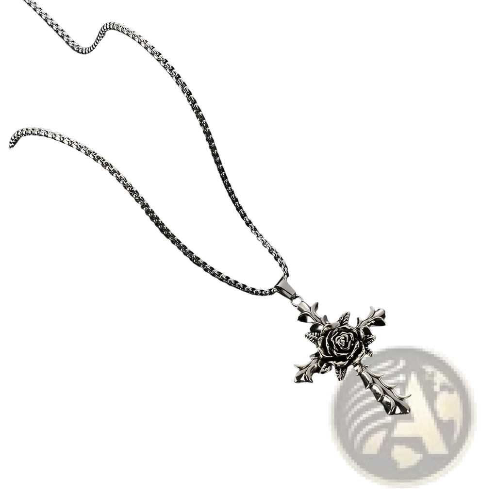 Detailed silver rose cross pendant necklace featuring a silver rose design on a delicate chain