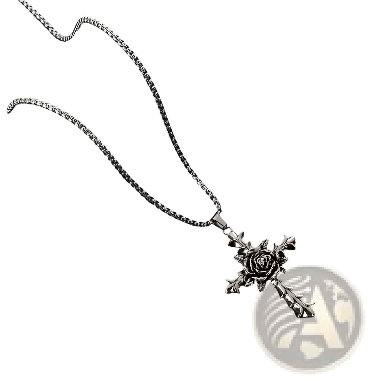 Detailed silver rose cross pendant necklace featuring a silver rose design on a delicate chain