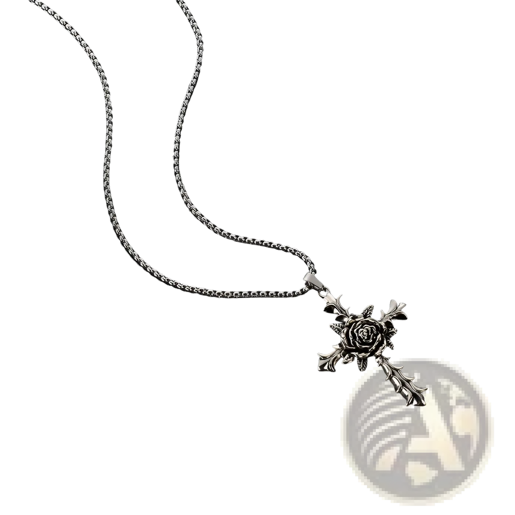 Detailed silver rose cross pendant necklace with textured silver chain showcasing elegant religious jewelry design