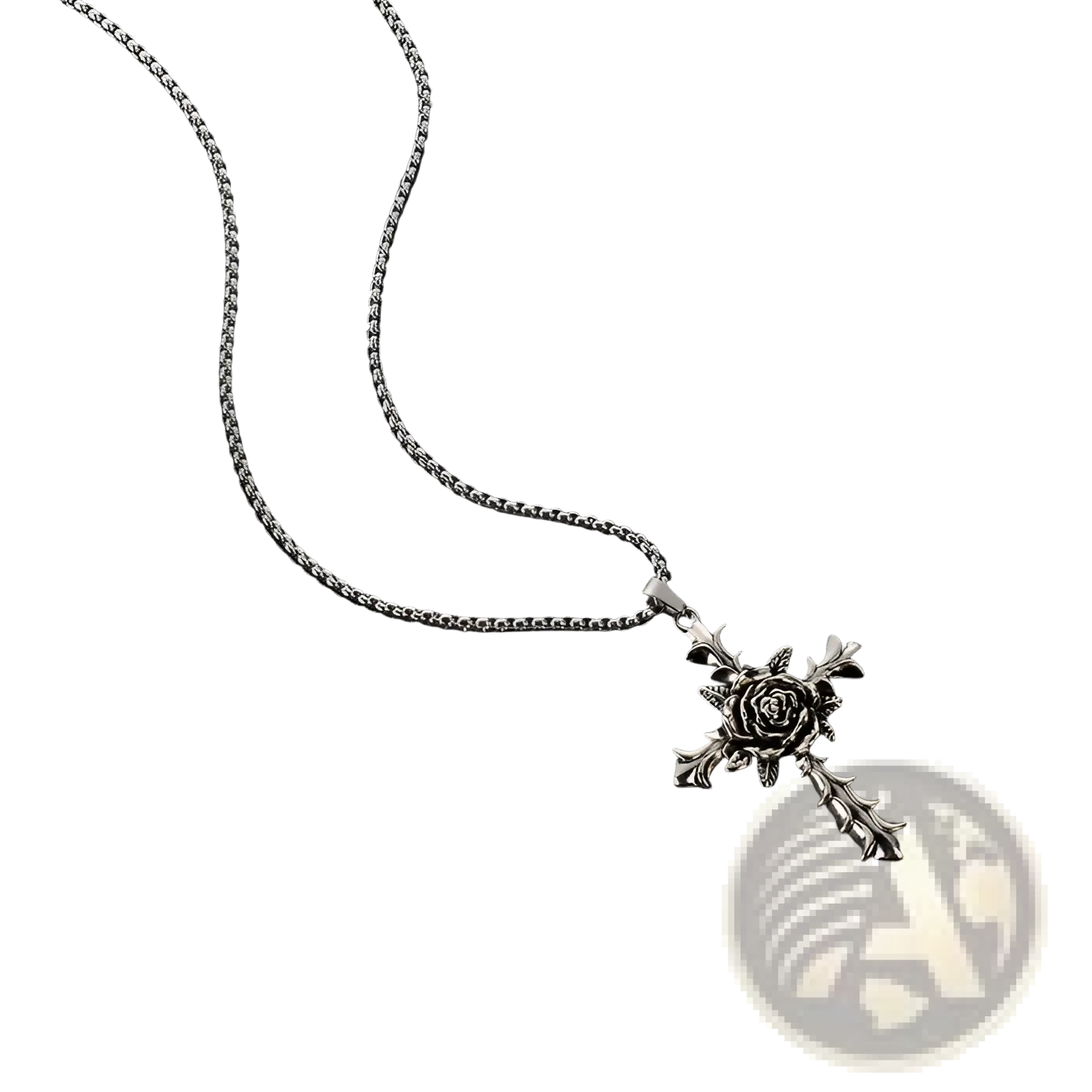 Detailed silver rose cross pendant necklace with textured silver chain showcasing elegant religious jewelry design