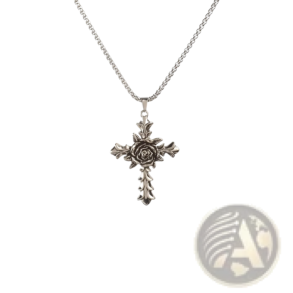 Detailed silver rose cross pendant necklace featuring an intricately detailed rose at the center on a matching chain