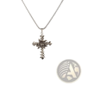 Detailed silver rose cross pendant necklace featuring an intricately detailed rose at the center on a matching chain