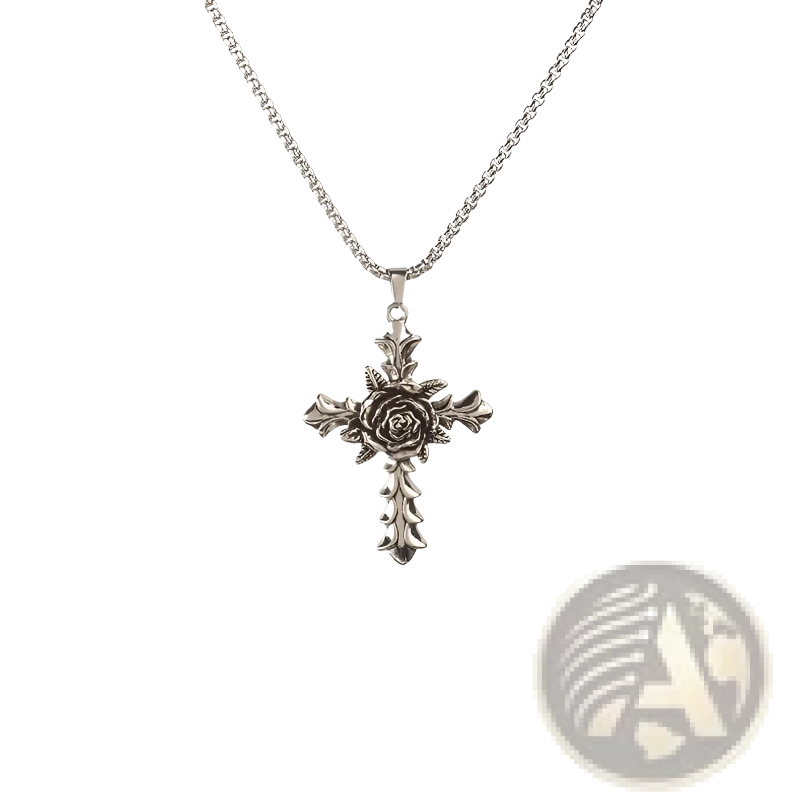 Detailed silver rose cross pendant necklace featuring an intricately detailed rose at the center on a matching chain