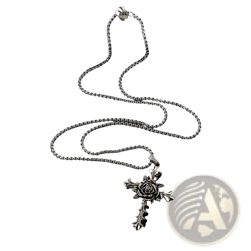 Detailed silver rose cross pendant necklace in silver on a matching chain showcasing intricate design details