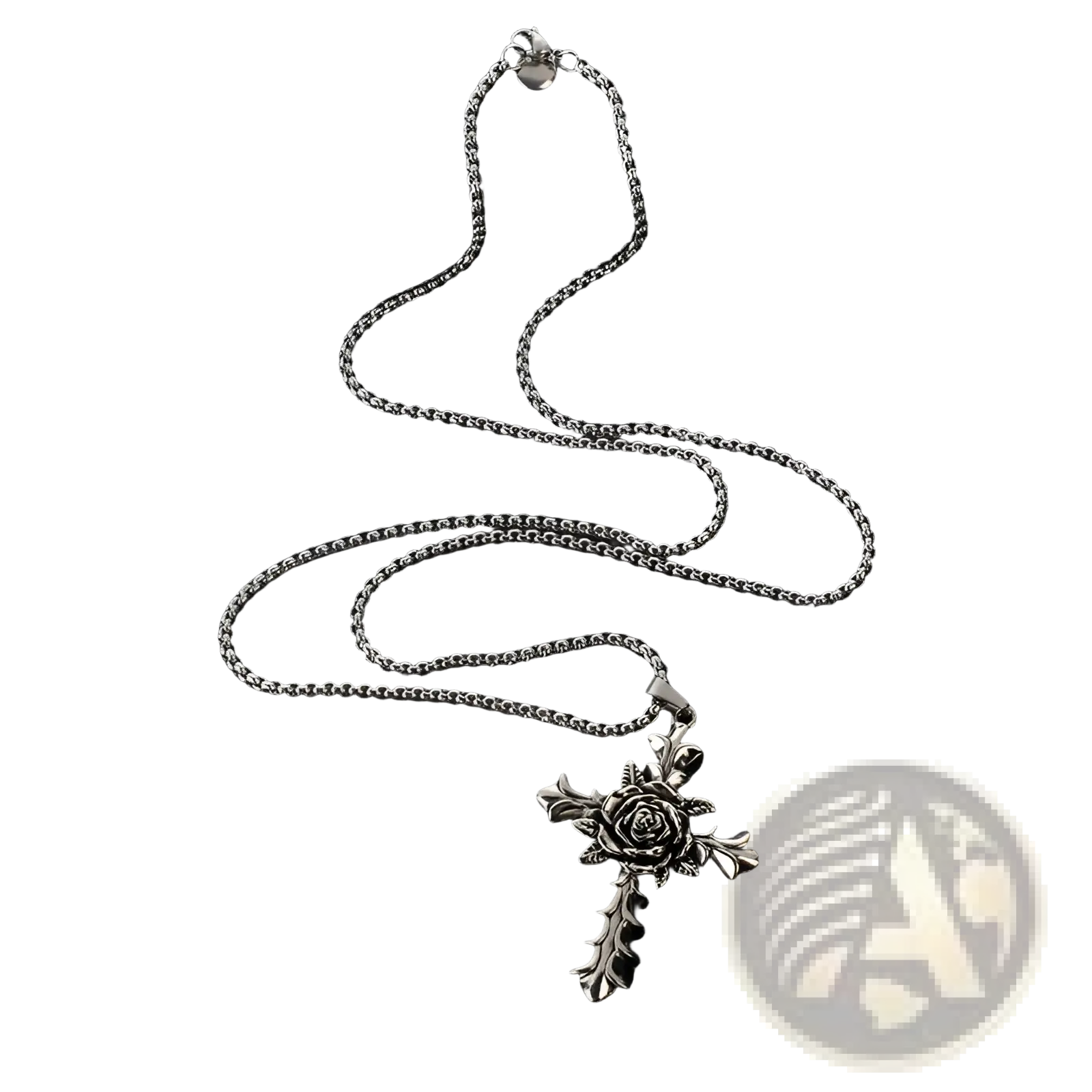Detailed silver rose cross pendant necklace in silver on a matching chain showcasing intricate design details
