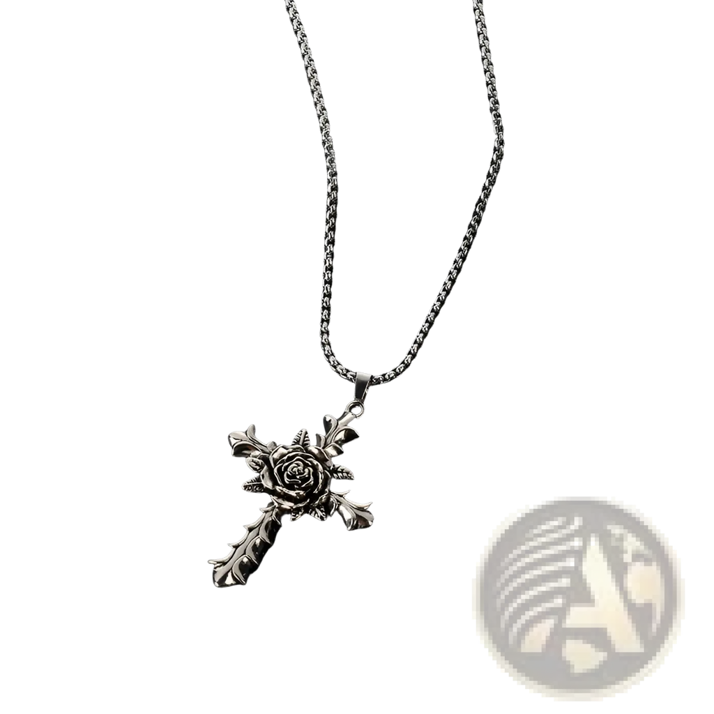 Detailed silver rose cross pendant necklace featuring an intricately detailed rose design on a matching chain