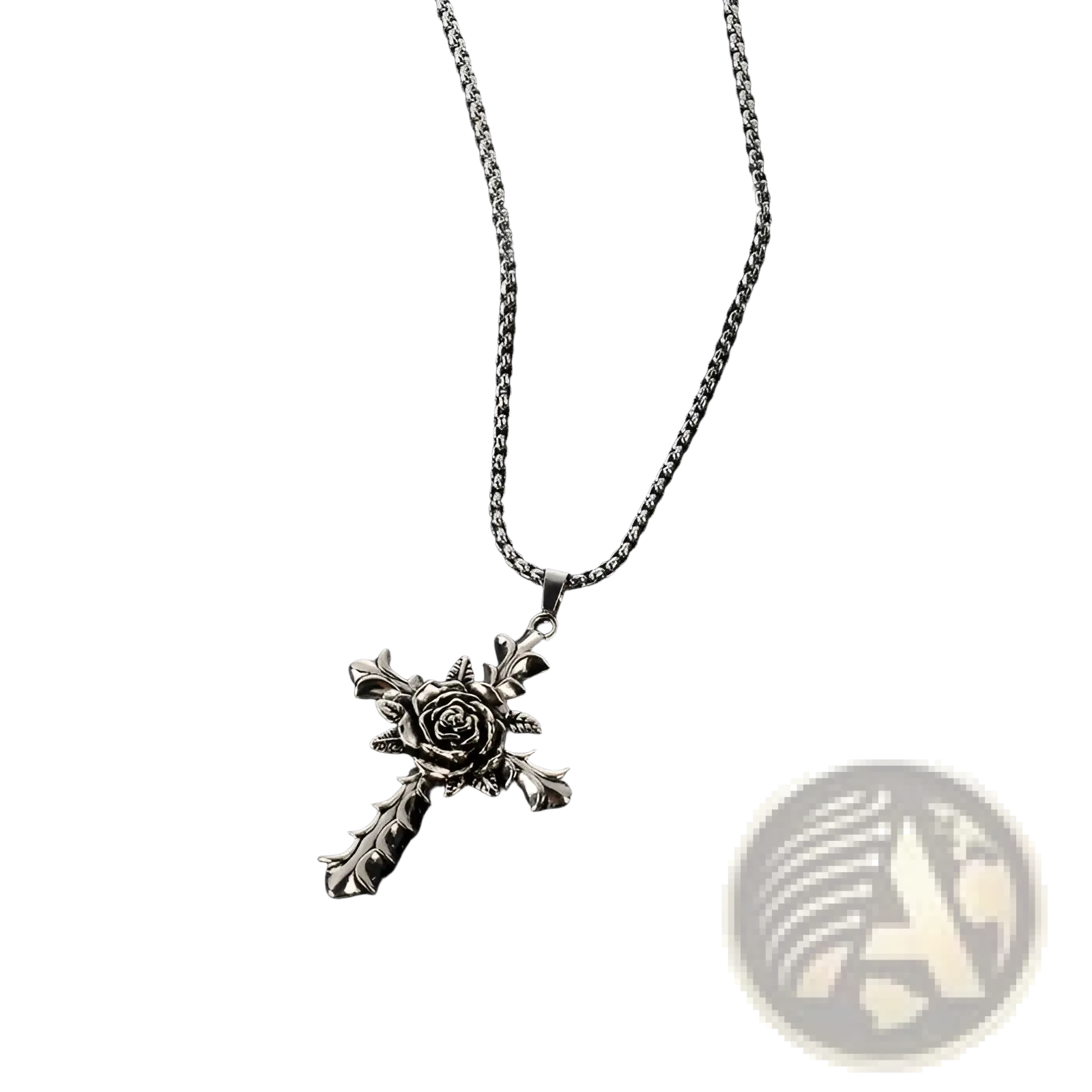 Detailed silver rose cross pendant necklace featuring an intricately detailed rose design on a matching chain