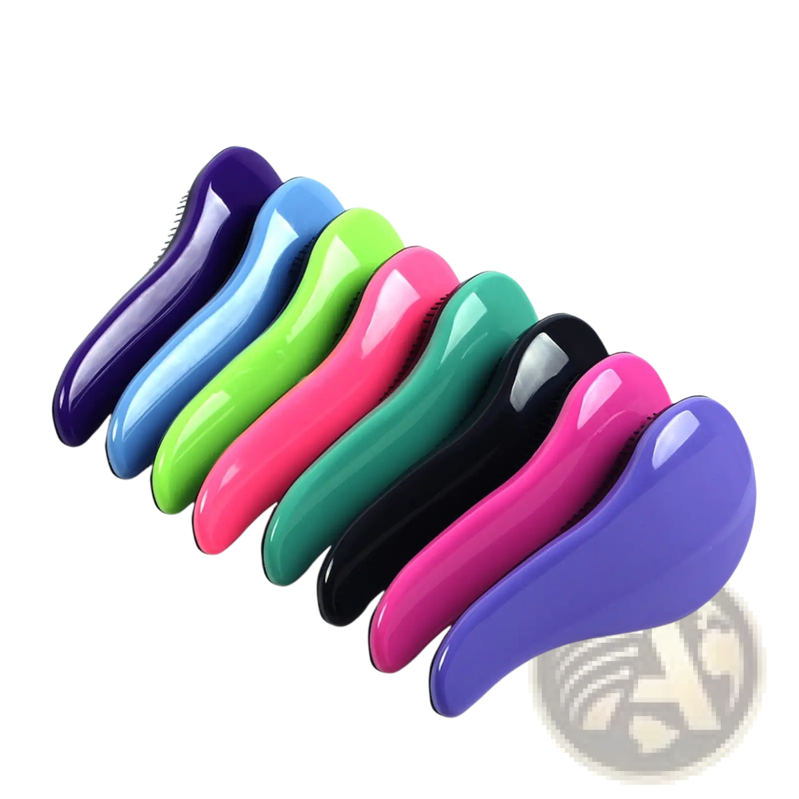 A set of three colorful glossy plastic detangling hair brushes in purple blue green pink and black for styling