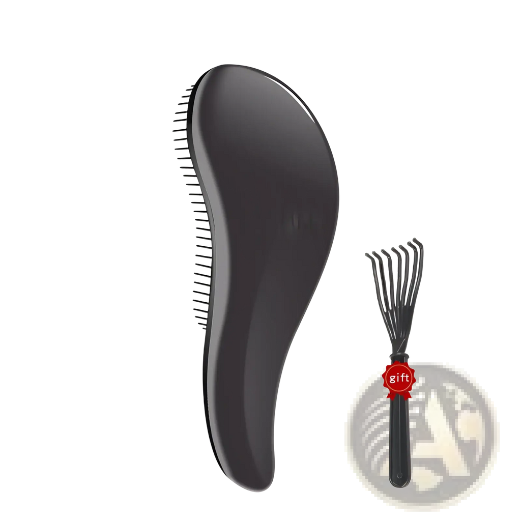 Black plastic detangling hairbrush with rounded ergonomic handle and fine bristles from a 3 piece styling comb set