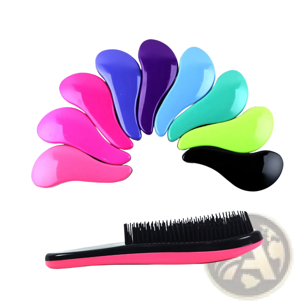 A sleek glossy pink and black detangling hair brush with a curved ergonomic handle from a 3 piece styling comb set