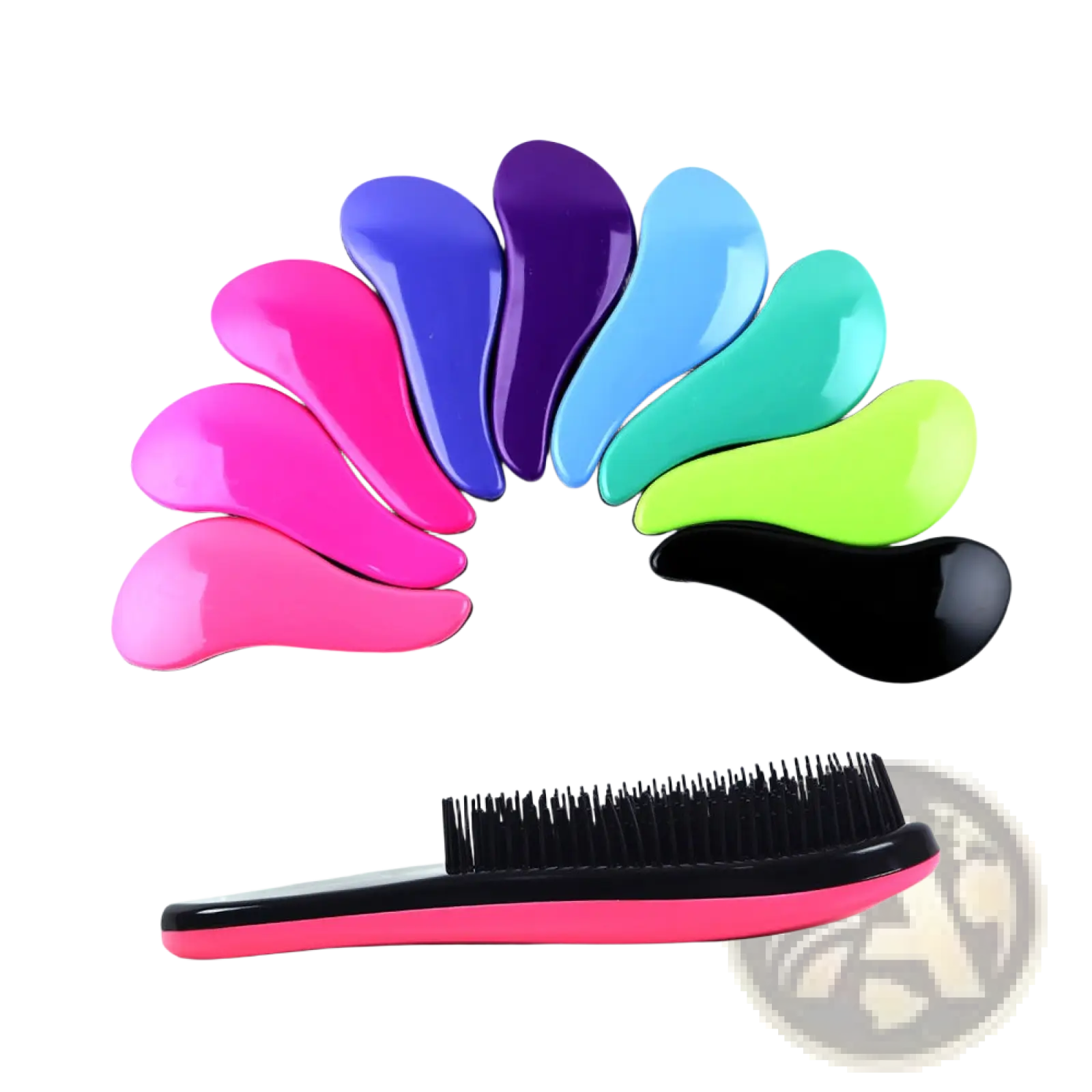 A sleek glossy pink and black detangling hair brush with a curved ergonomic handle from a 3 piece styling comb set