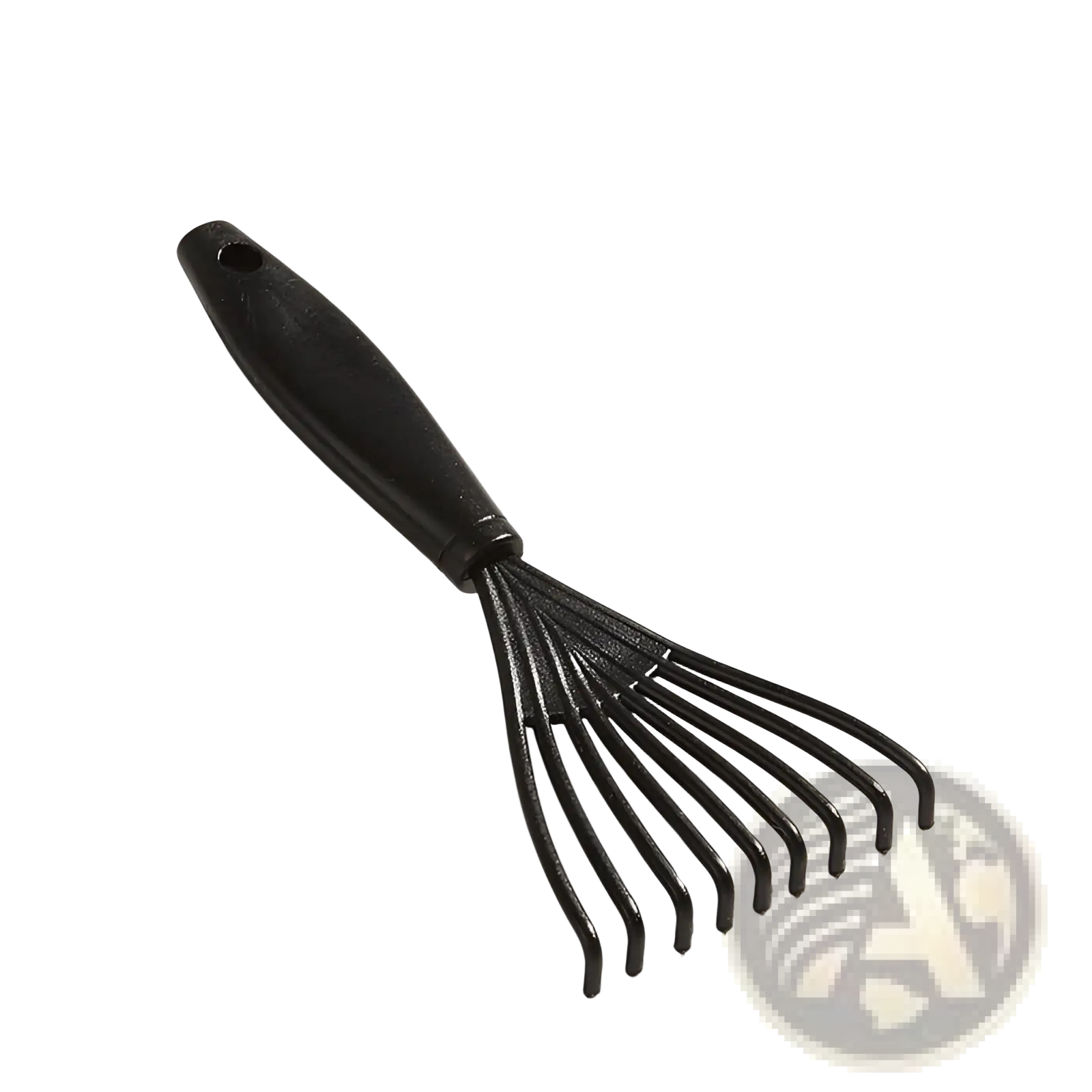 Black plastic garden rake with ergonomic handle and ten curved tines shown in detangling hair brush set 3 piece glossy styling comb