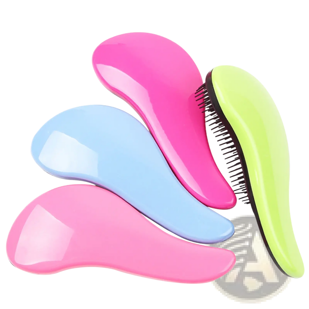 Set of three vibrant glossy plastic detangling hair brushes in pink light blue and lime green with black bristles