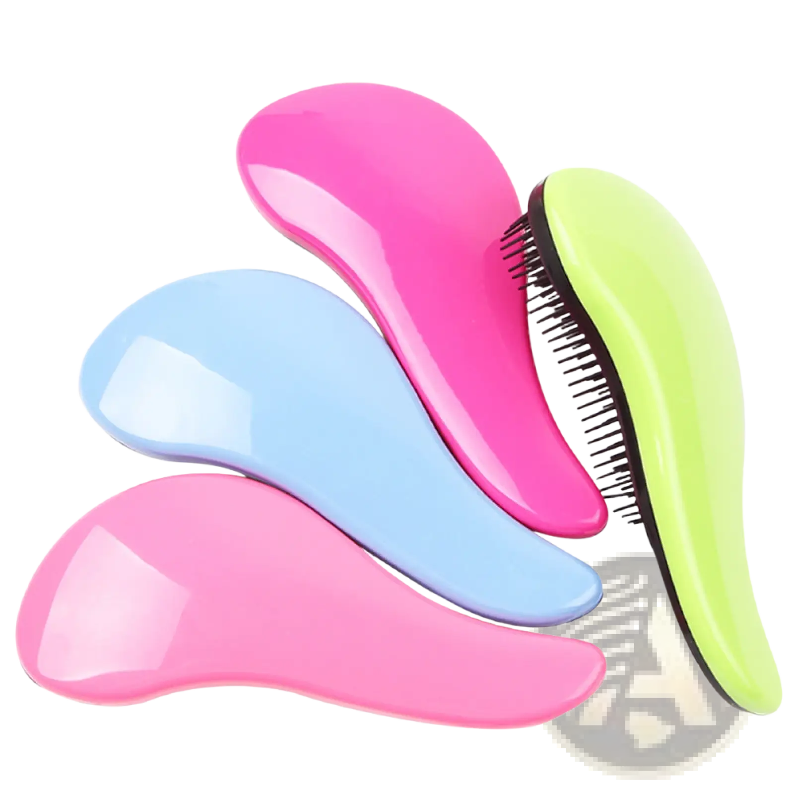 Set of three vibrant glossy plastic detangling hair brushes in pink light blue and lime green with black bristles