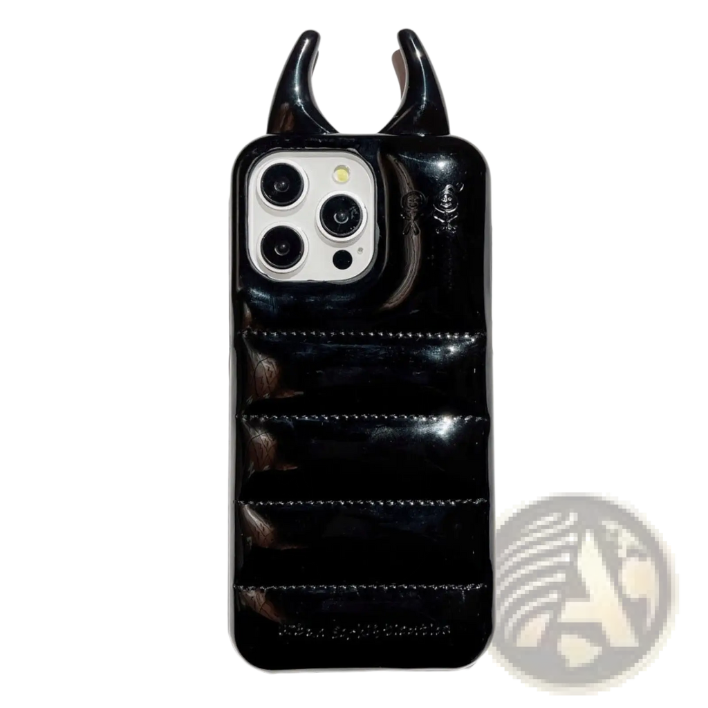 Black glossy devil horn quilted leather iphone case showing back with stitched horizontal segments and protrusions