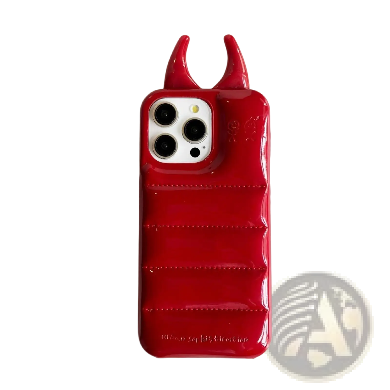 Back side of a red glossy devil horn quilted leather iphone case with horn-like protrusions and stitching details