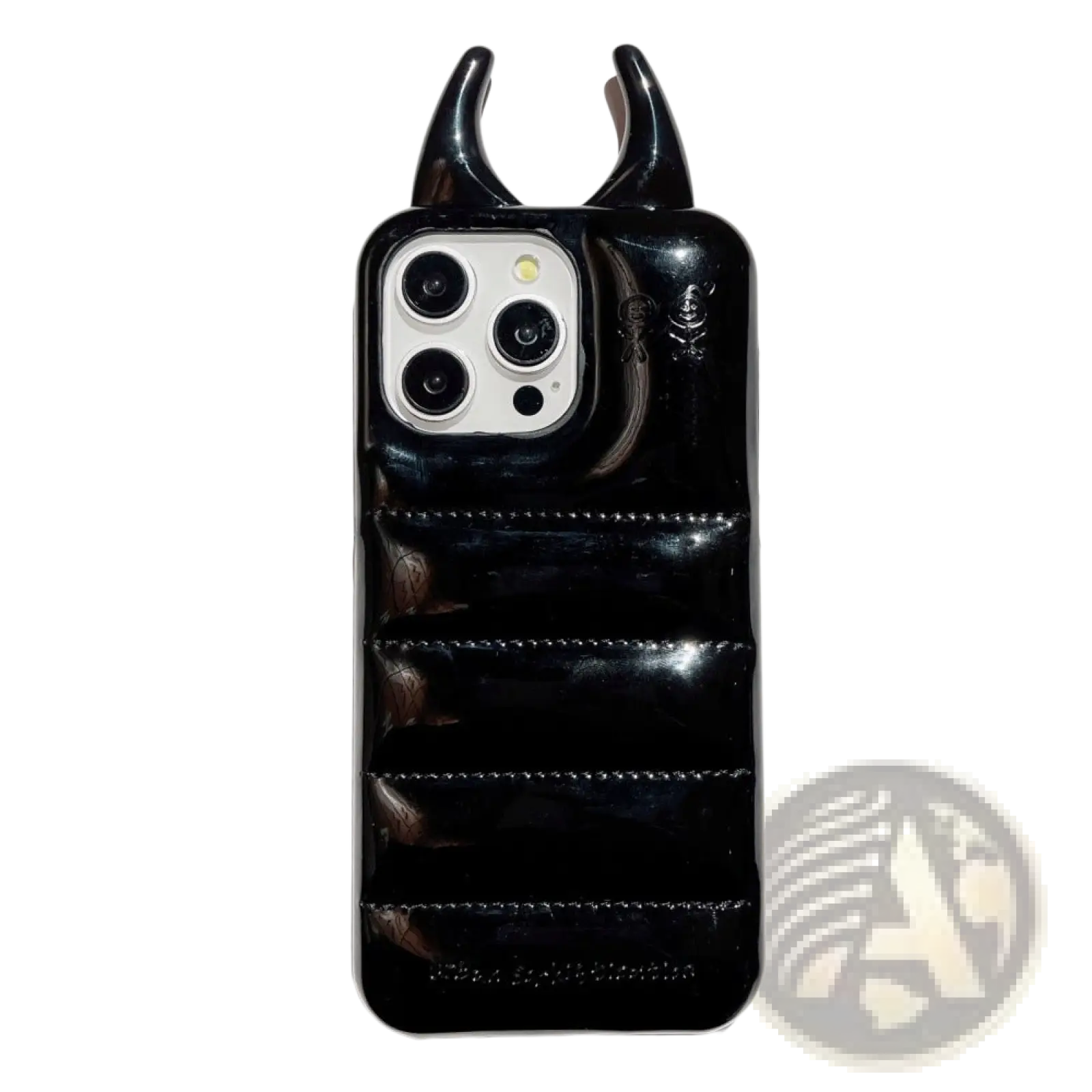 Back of a black glossy devil horn quilted leather iPhone case with stitched horizontal segments and protrusions