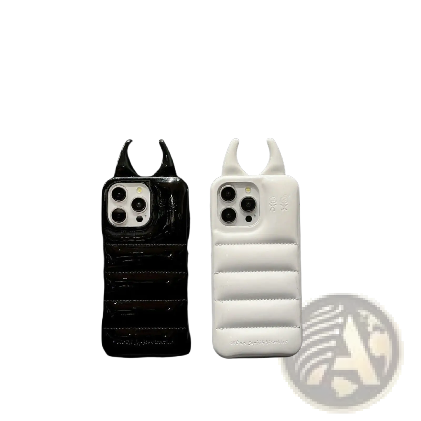 Back view of black and white quilted leather iphone cases with devil horn-shaped protrusions