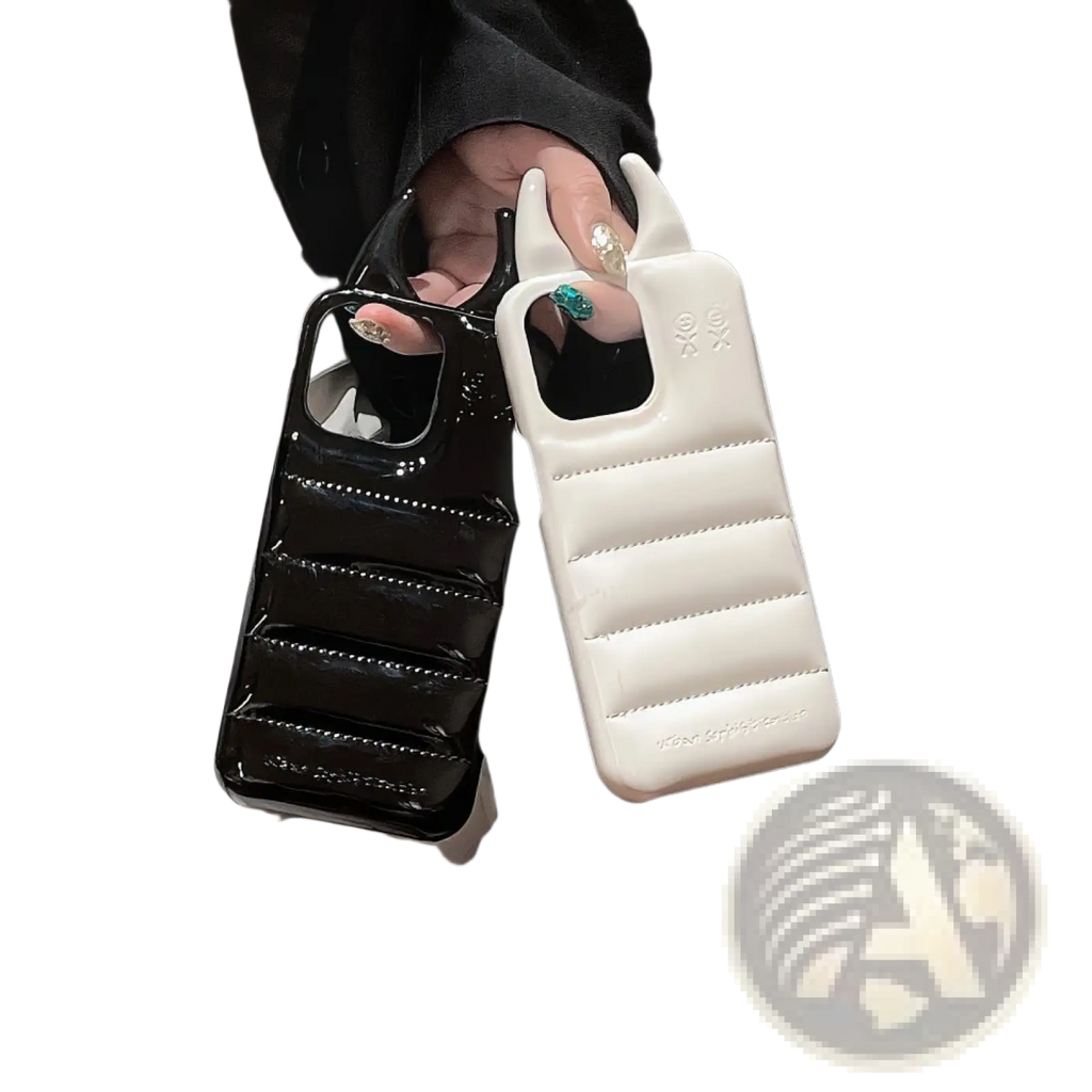 Black and white devil horn quilted leather iphone cases with glossy finish and distinctive handle-like top design back view