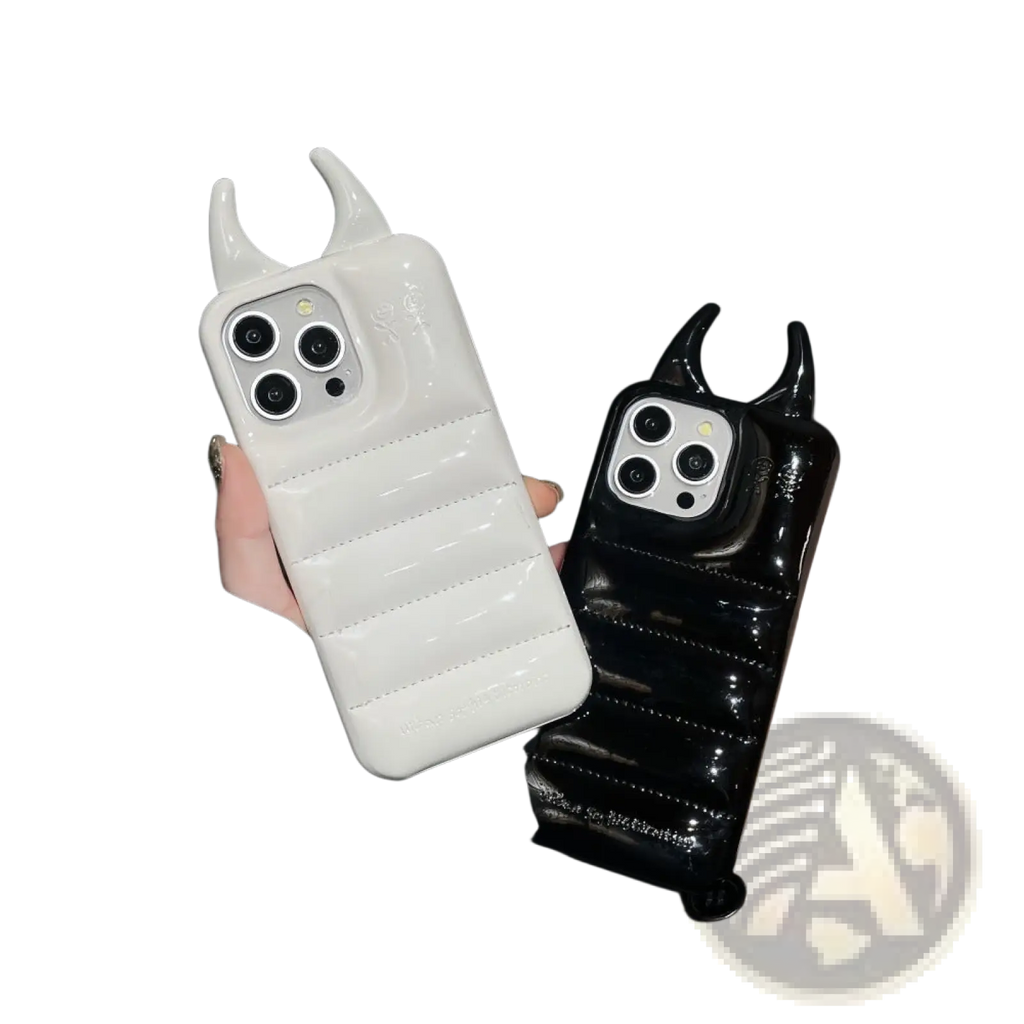 Back side of white and black glossy devil horn quilted leather iphone cases with horn-like protrusions