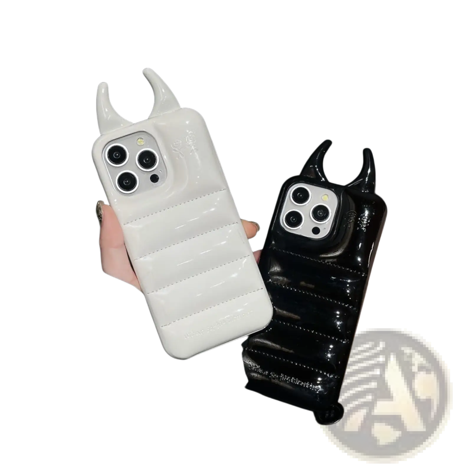 Back side of white and black glossy devil horn quilted leather iphone cases with horn-like protrusions