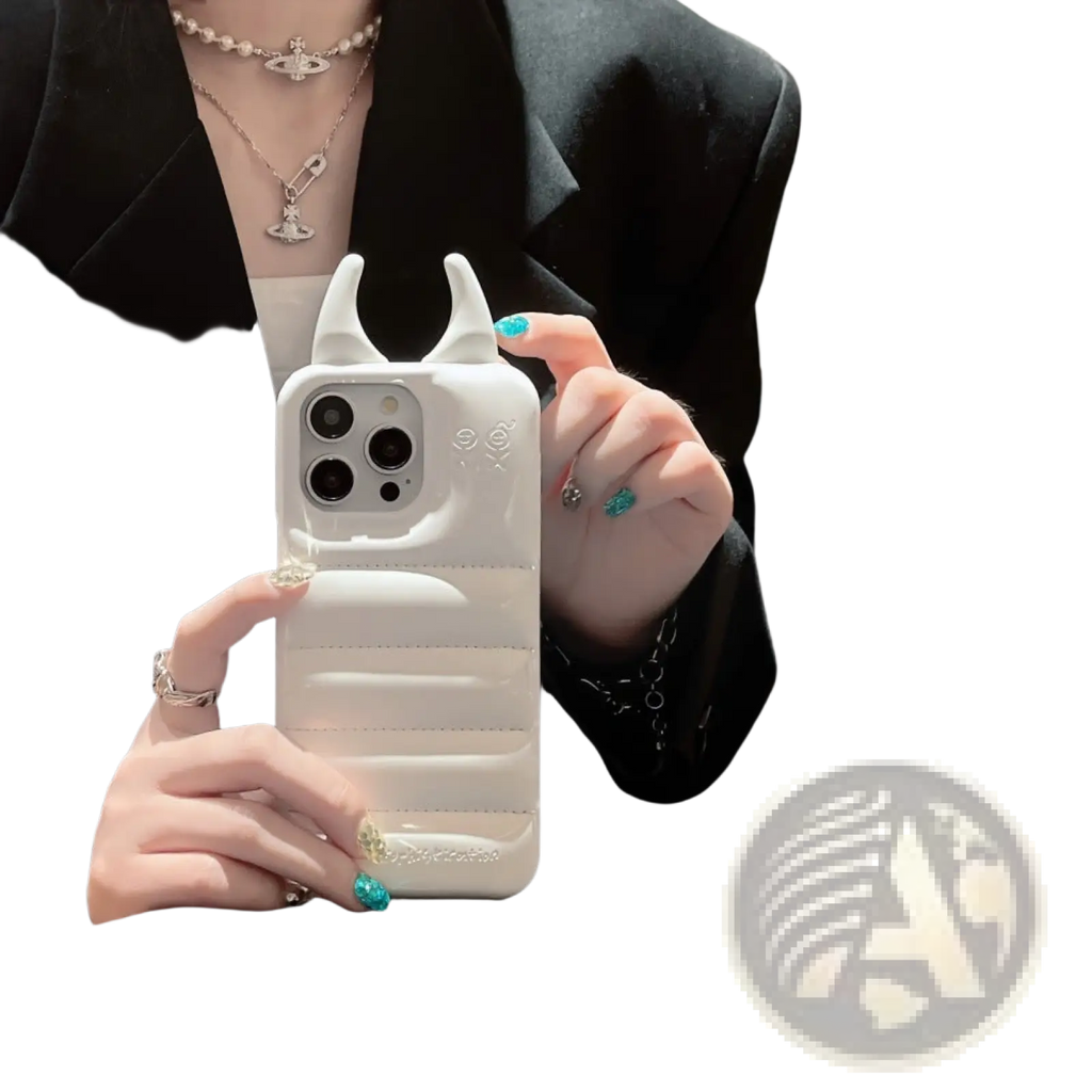 White devil horn quilted leather iphone case showing the back with horn-like protrusions and textured design