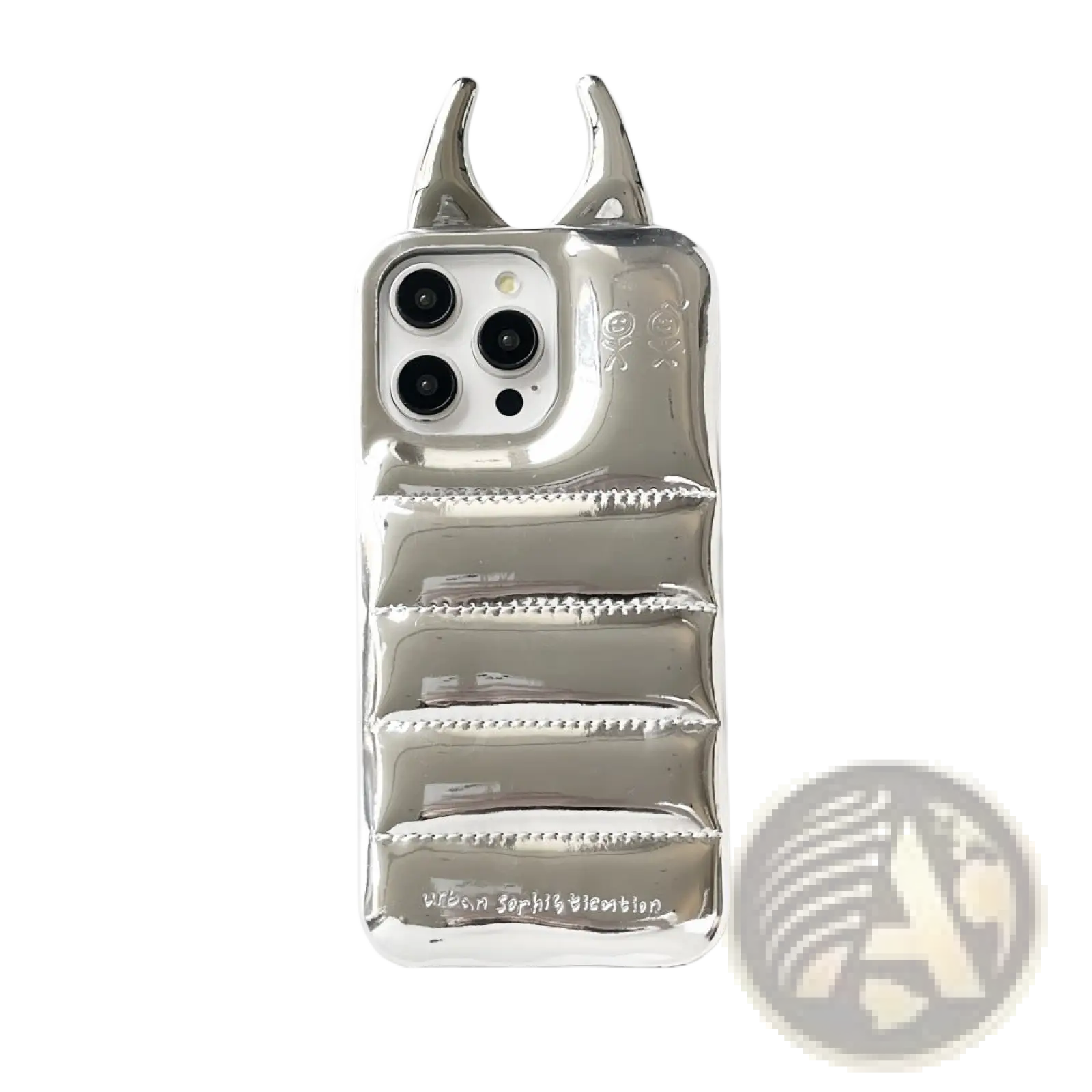 Back side of a silver metallic devil horn quilted leather iphone case with stitched seams resembling a futuristic insect
