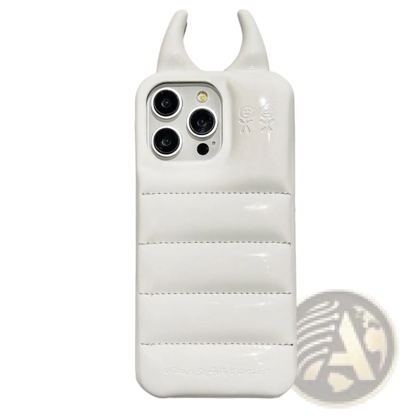 Back side of a white glossy devil horn quilted leather iPhone case with stitched details and horn-like protrusions