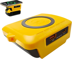 Dewalt 20v yellow and black portable wireless phone charger with usb-c port for wireless charging convenience