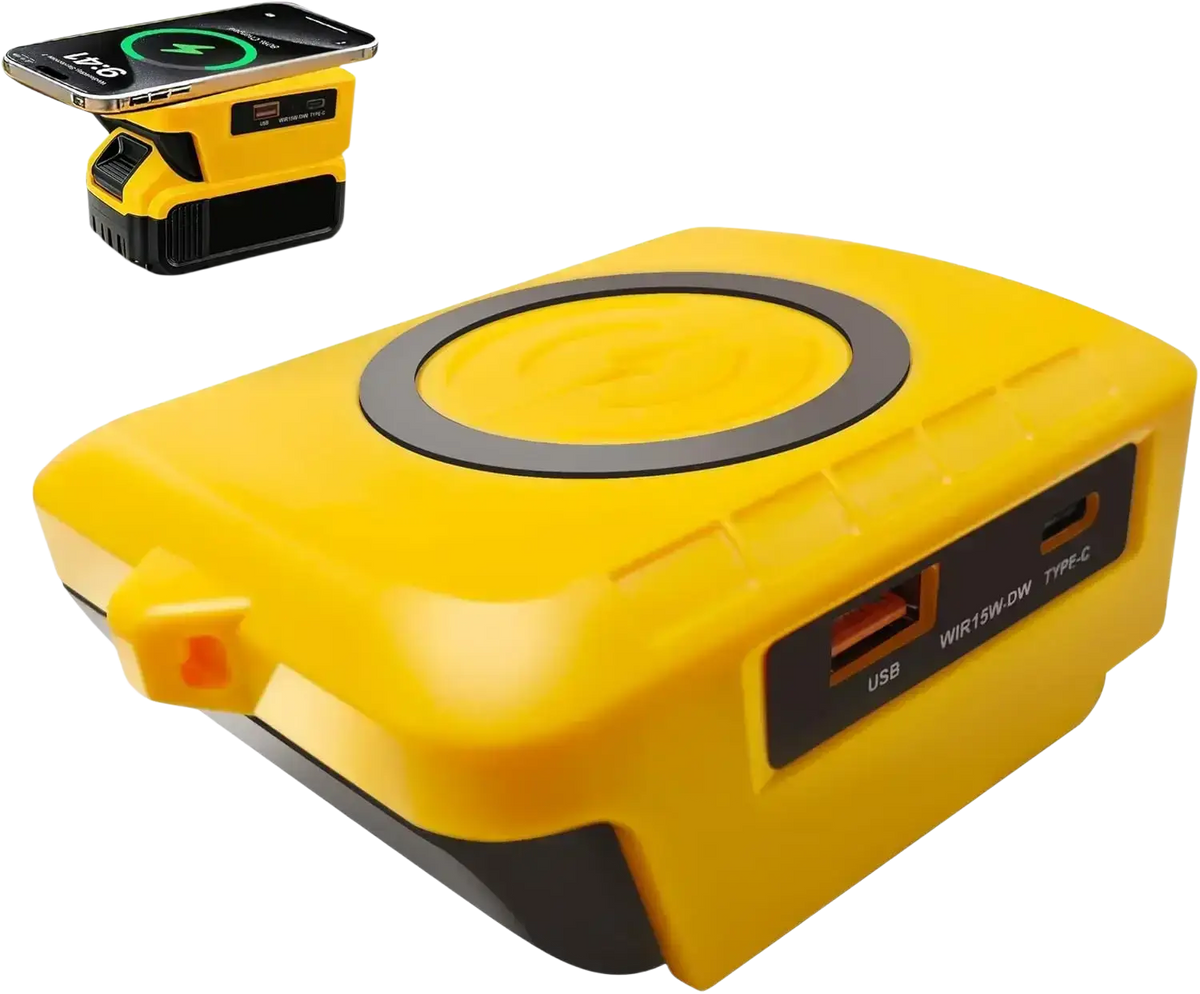 Dewalt 20v yellow and black portable wireless phone charger with usb-c port for wireless charging convenience