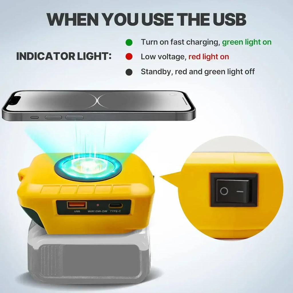 Yellow dewalt 20v portable power bank with wireless charging circular pad and multiple usb ports for wireless phone use