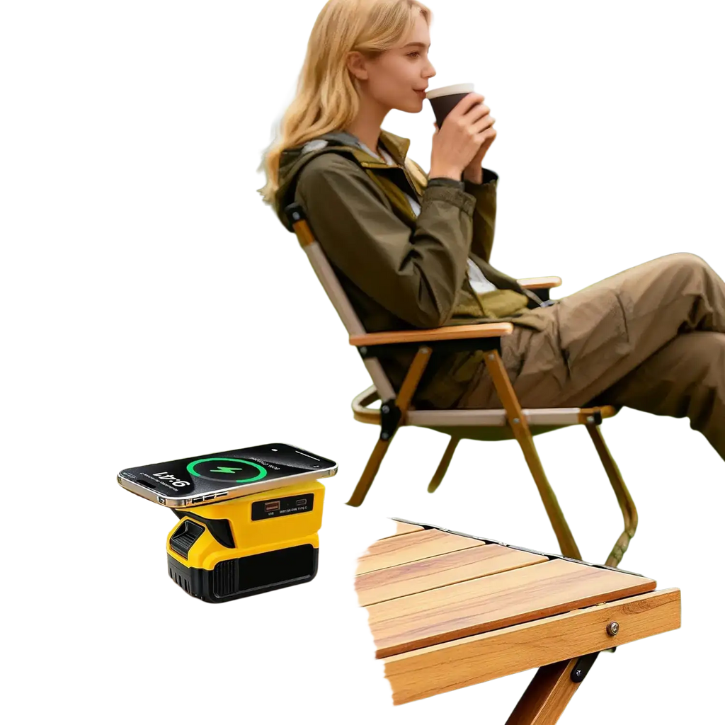 Dewalt 20v yellow and black portable wireless phone charging adapter with built-in battery for outdoor wireless charging