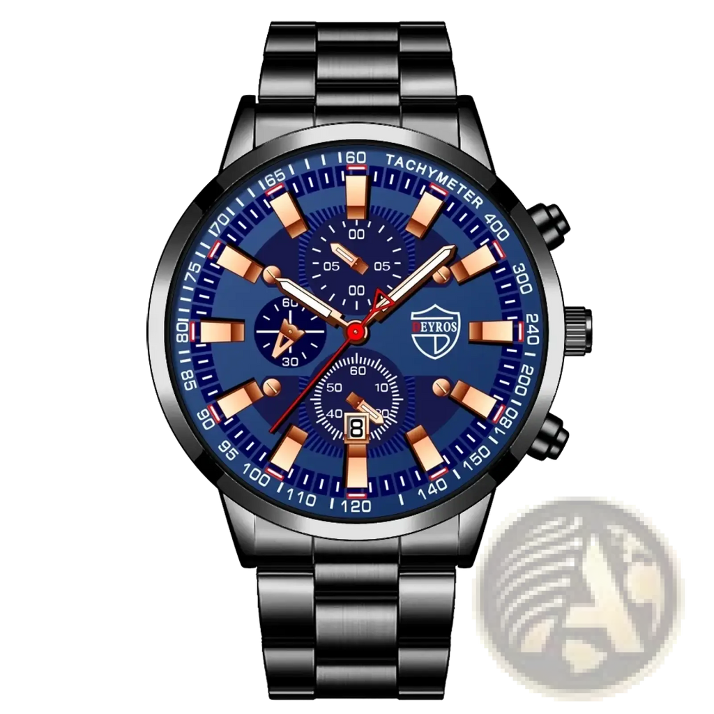 Deyros black stainless steel quartz men watch with vibrant blue dial rose gold hour markers and tachymeter bezel