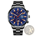 Deyros black stainless steel quartz men watch with vibrant blue dial rose gold hour markers and tachymeter bezel