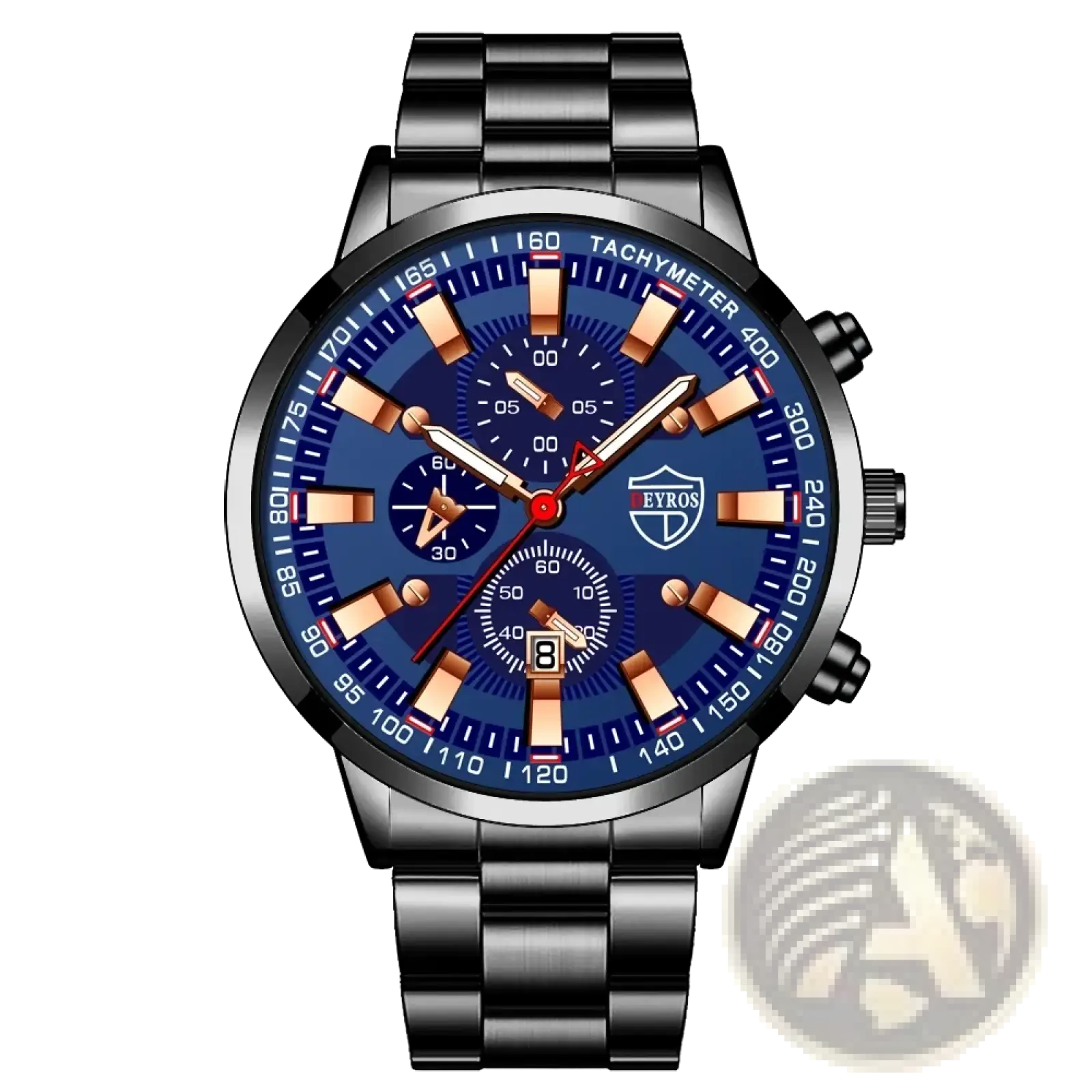 Deyros black stainless steel quartz men watch with vibrant blue dial rose gold hour markers and tachymeter bezel