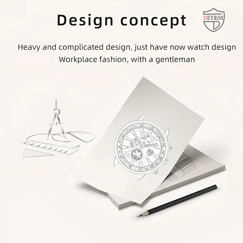 Deyros black stainless steel quartz men watch design concept sketch with multi-dial chronograph face and metallic bezel
