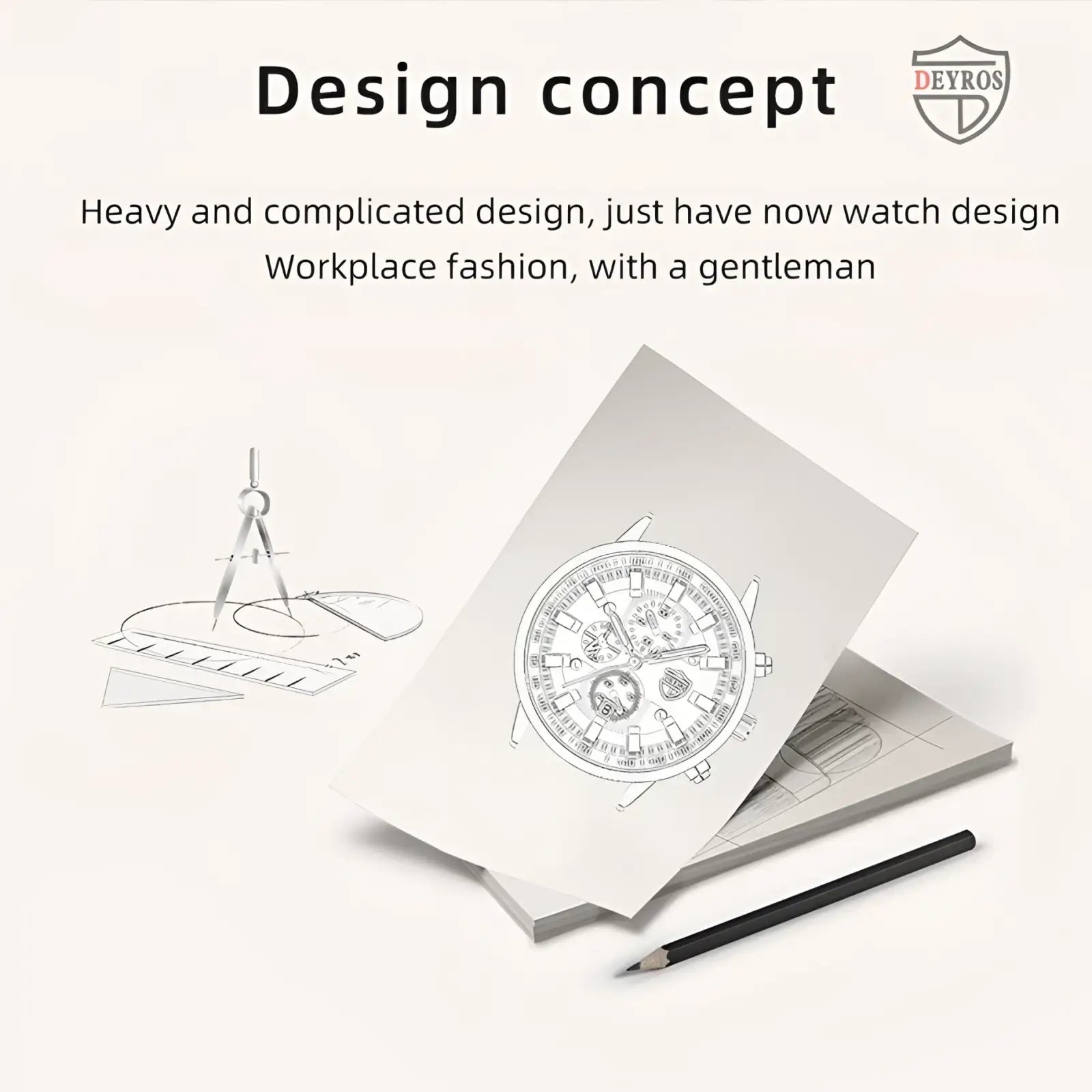 Deyros black stainless steel quartz men watch design concept sketch with multi-dial chronograph face and metallic bezel
