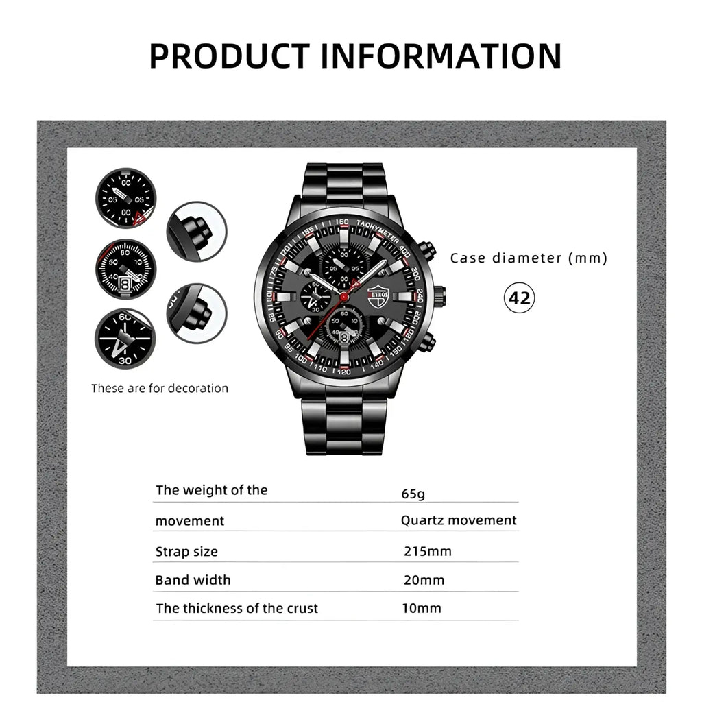 Deyros black stainless steel quartz men watch with 42mm case and red accent chronograph hands