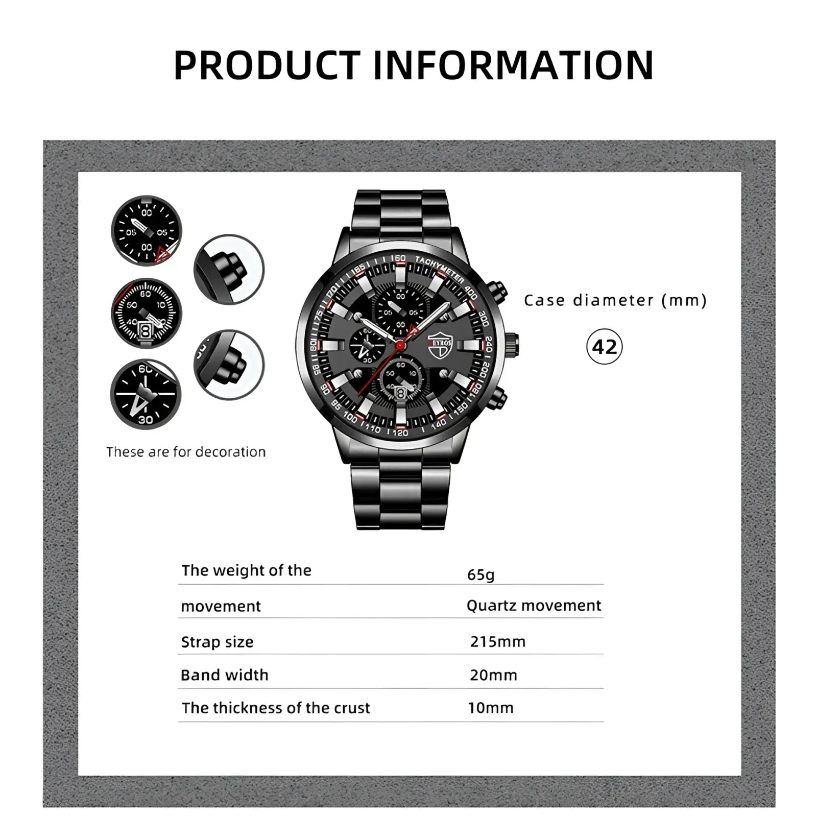 Deyros black stainless steel quartz men watch with 42mm case and red accent chronograph hands