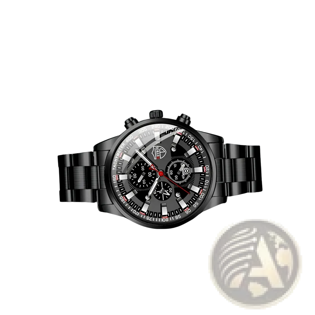 Deyros black stainless steel quartz men chronograph watch with sleek multi-dial face and red accent details