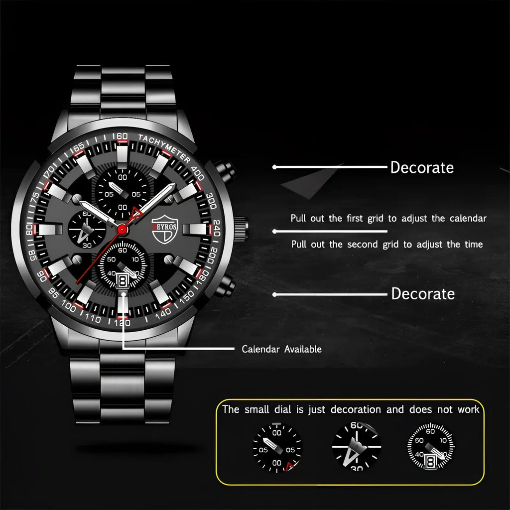 Deyros black stainless steel quartz men watch featuring a chronograph with silver accents and a date display