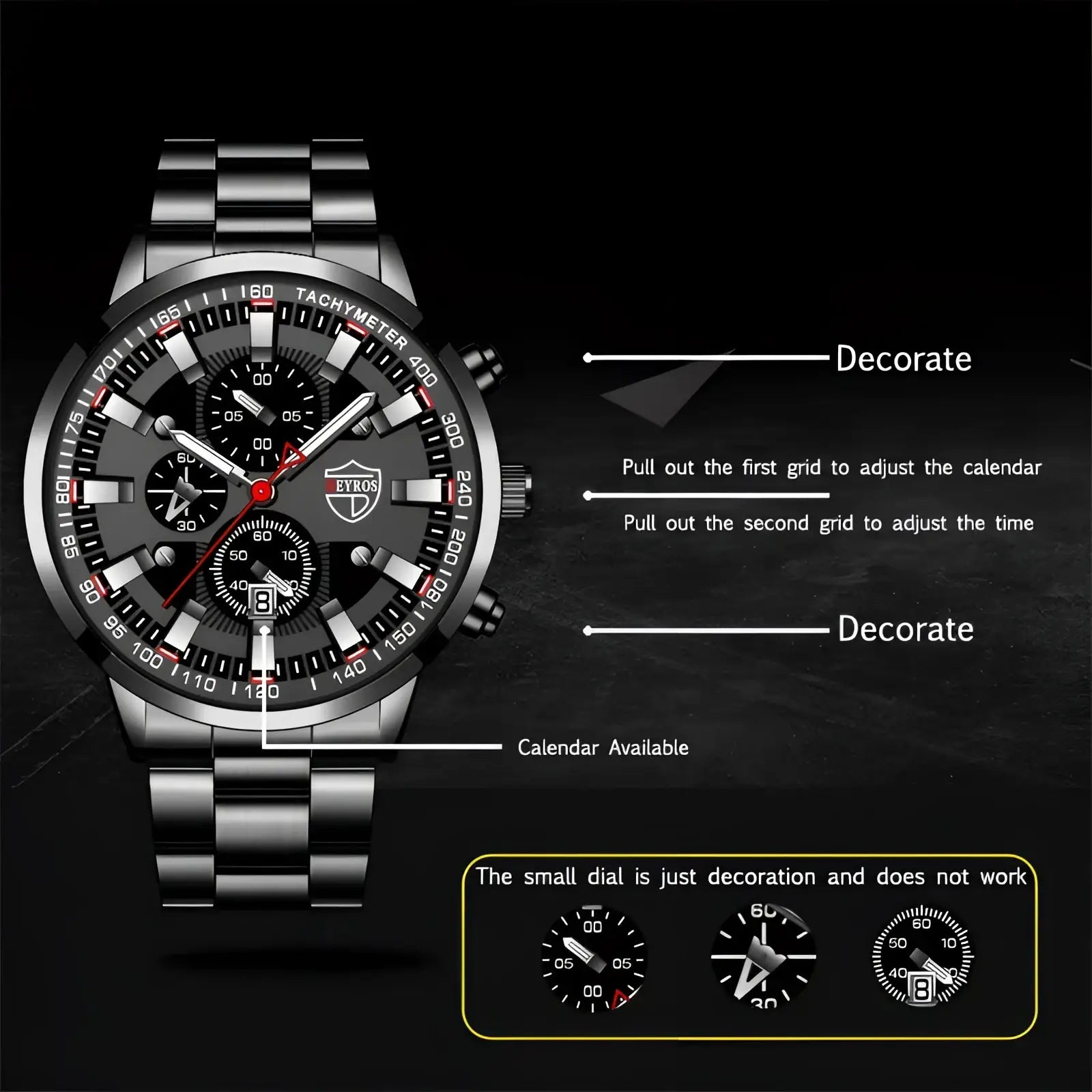 Deyros black stainless steel quartz men watch featuring a chronograph with silver accents and a date display